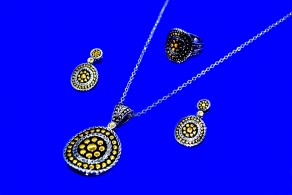 ROUND CIRCLE GOLD AND RHODIUM PLATED NECKLACE EARRING AND RING SET